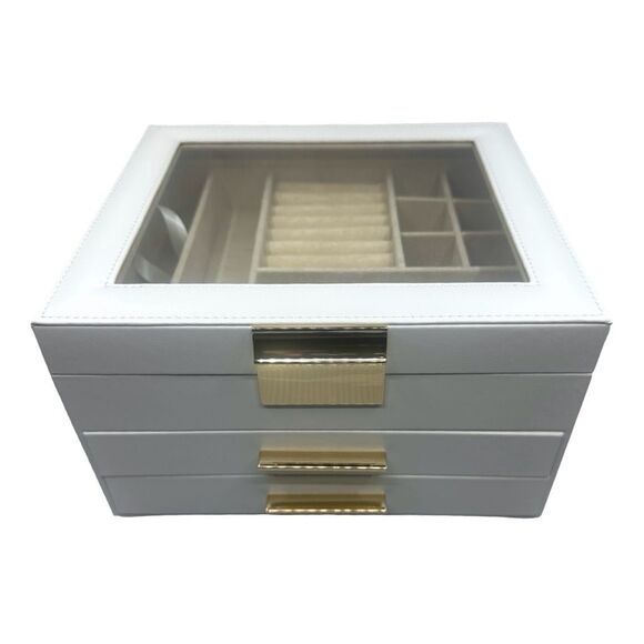 Glass Lid 3-Layer Jewelry Box Organizer - 8” x 9.1” x 5.3” - White - Picture 2 of 8